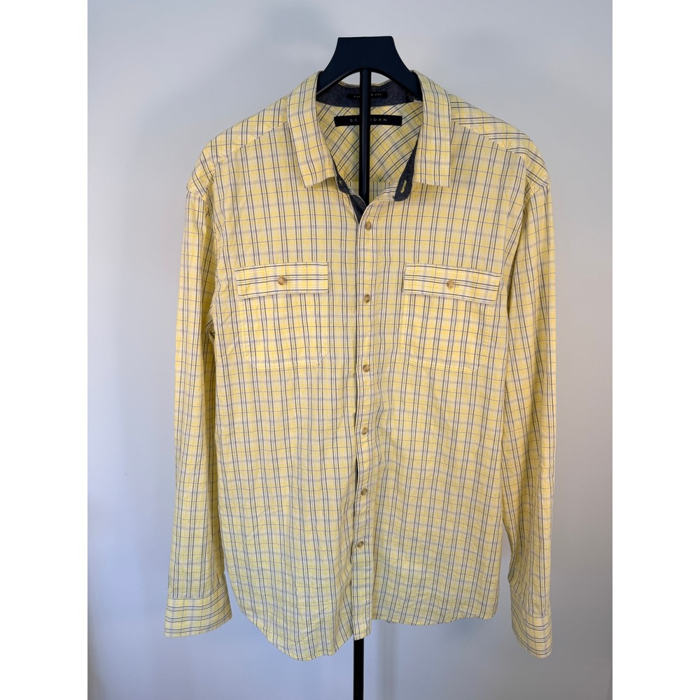 Sean John Mens 3XL Tailored Fit Yellow Plaid Long Sleeve Button Down Shirt